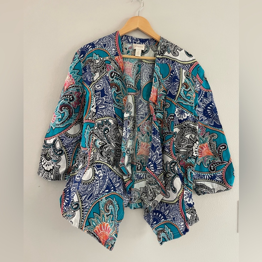 Chicos Vibrant Paisley Open Front Cardigan - Picture 1 of 5
